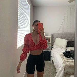 Beginning Boutique Red Puff Cropped Long Sleeve